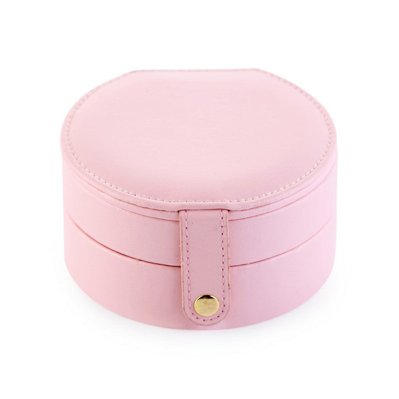Round Jewelry Boxes Portable PU Leather Case 2 Layers Storage Organizer for Travel Home - Pink