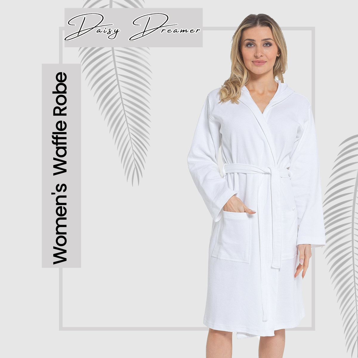 OLIVIA ROCCO Hooded Waffle Cotton Bathrobe For Ladies White 100% Cotton Super Absorbent