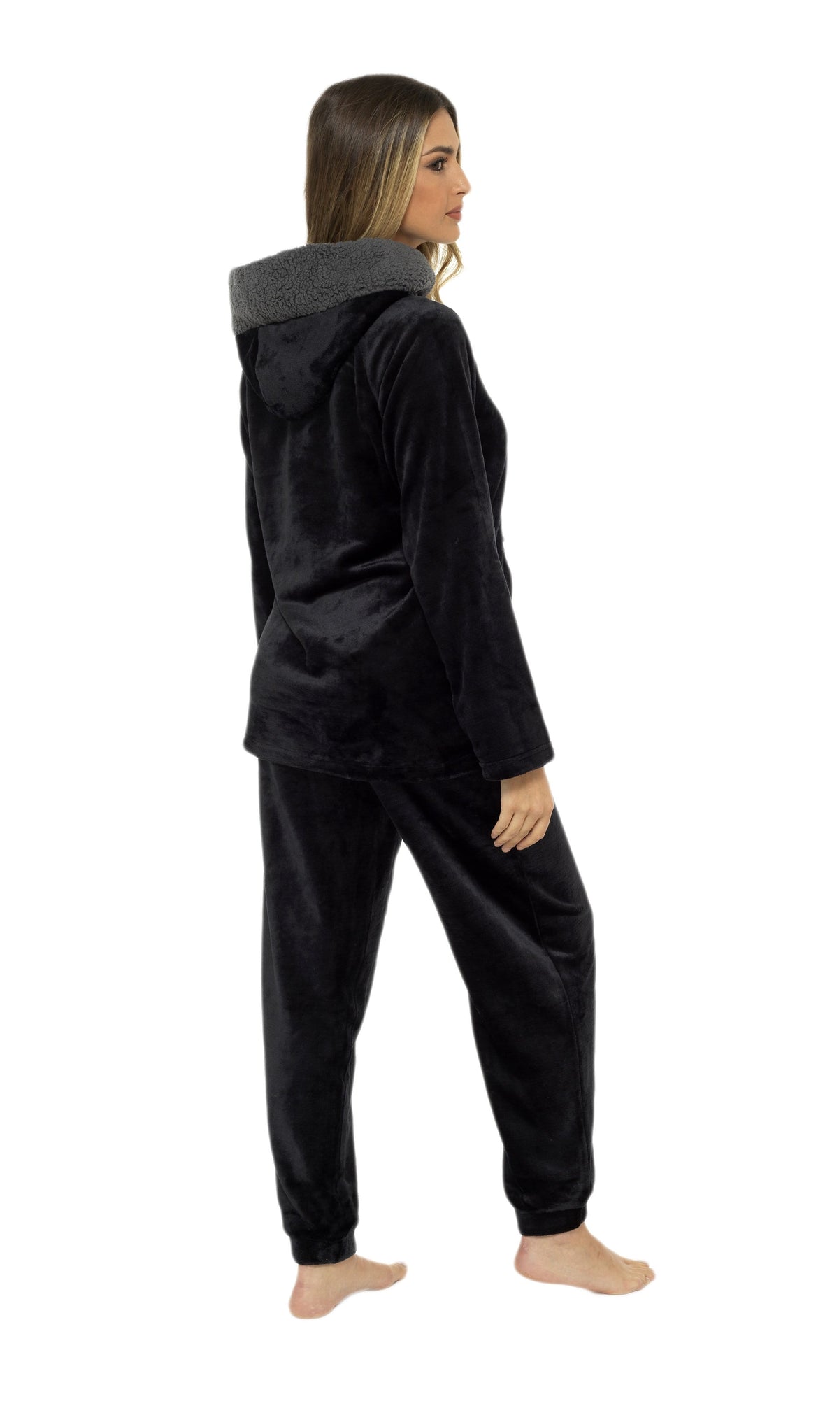 OLIVIA ROCCO Women's Hooded Pyjama Set Black Plush Fleece with Sherpa Lining Ultra Soft