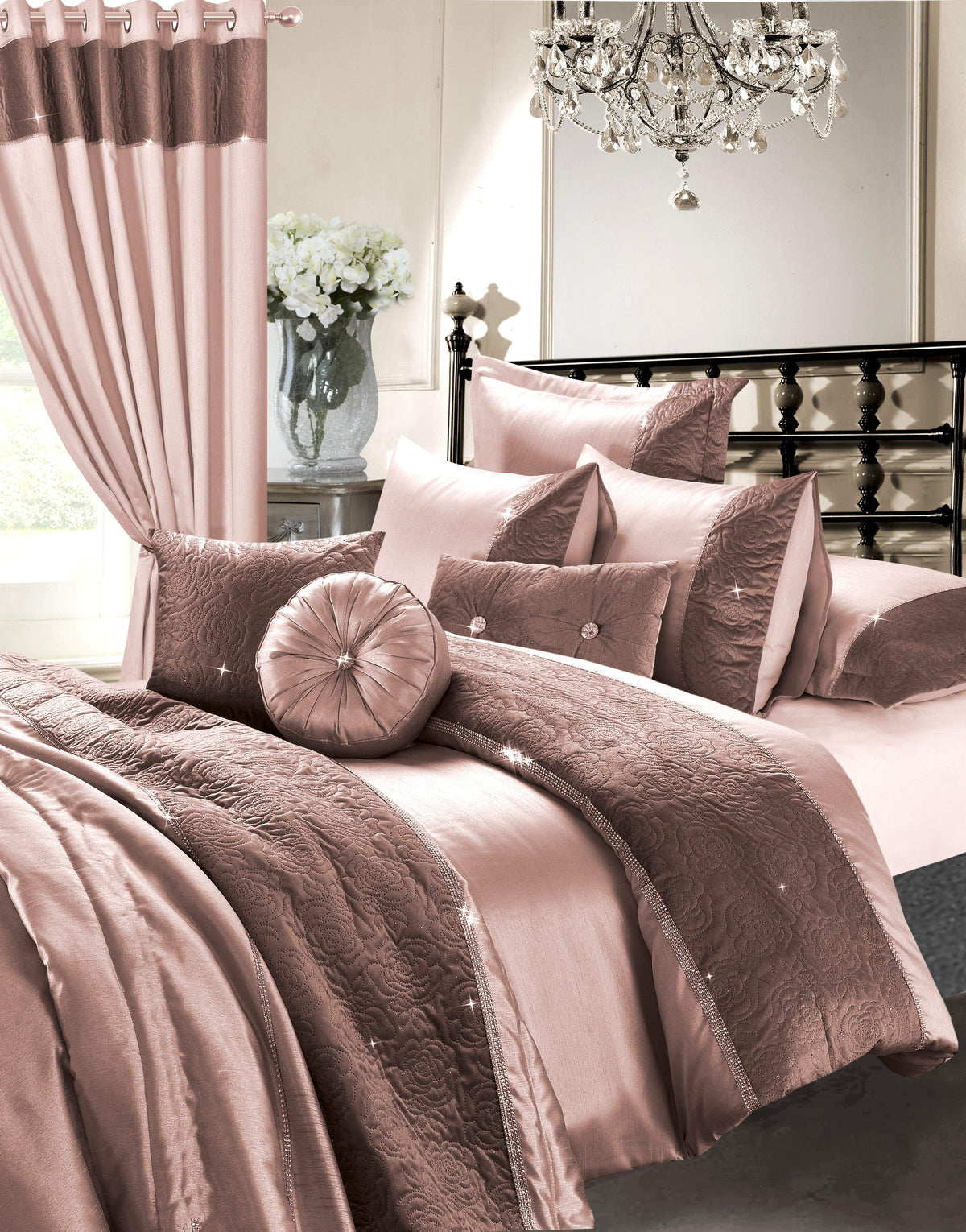 OLIVIA ROCCO Zina 7 Piece Rose Gold Duvet Set With Quilted Trim And Diamante Detailing
