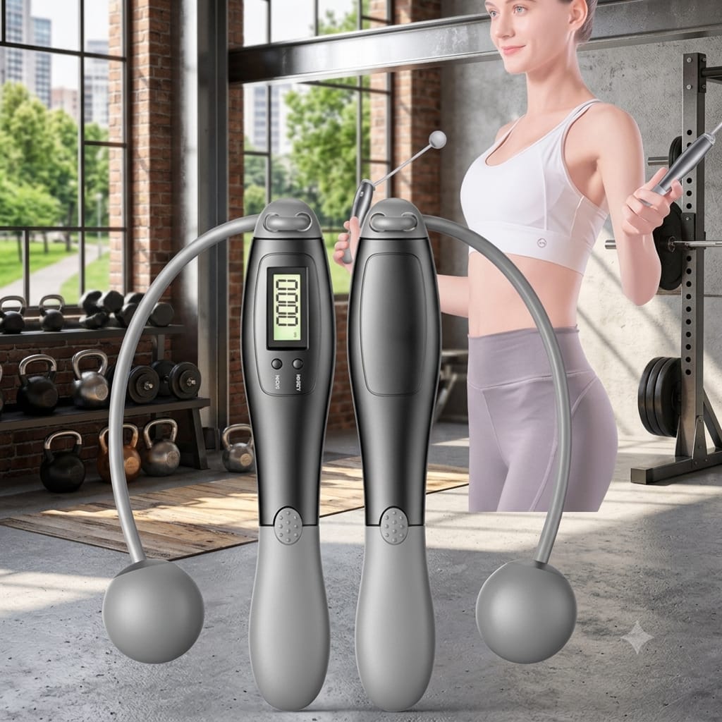 Weighted cordless jump rope featuring a smart digital screen for tracking workouts