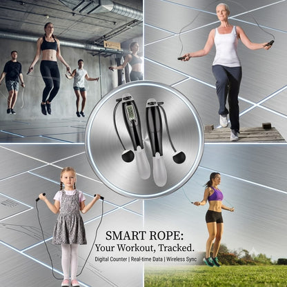 Weighted cordless jump rope featuring a smart digital screen for tracking workouts