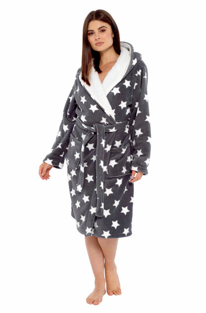 OLIVIA ROCCO Hooded Plush Fleece Robe Star Grey With Ultra Soft Sherpa Fur Lining