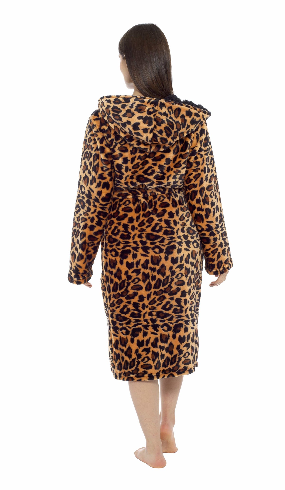 OLIVIA ROCCO Women's Leopard Plush Fleece Hooded Robe With Sherpa Lining Cosy Thermal