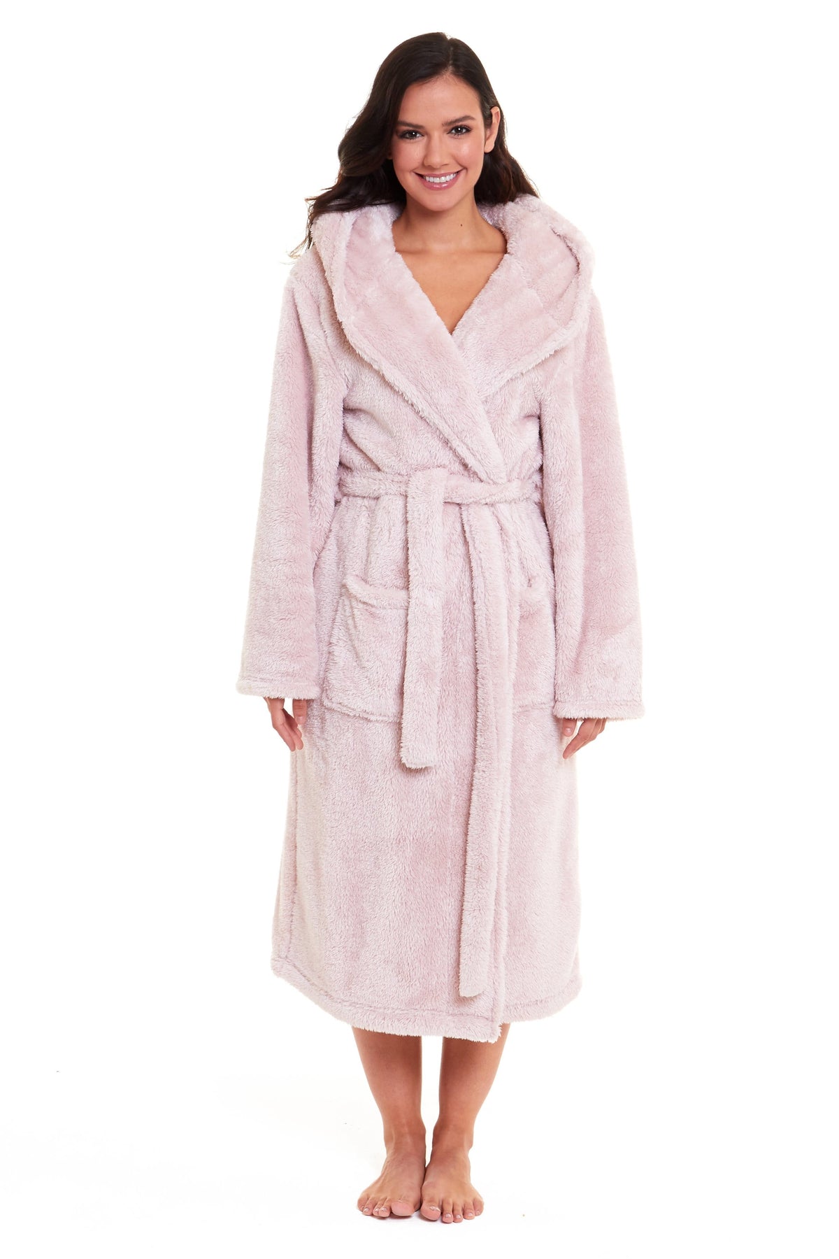 OLIVIA ROCCO Women's Pink Snuggle Fleece Hooded Robe Velvet Touch Dressing Gown Super Soft Cosy Home Loungewear