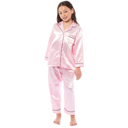 OLIVIA ROCCO Girls Satin Silk Long Sleeve Pyjama Set Black Pink Grey 5-14 Button Down