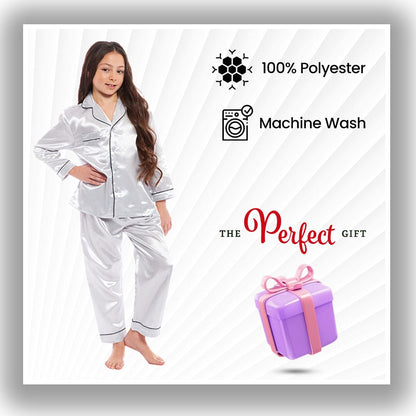 OLIVIA ROCCO Girls Satin Silk Long Sleeve Pyjama Set Black Pink Grey 5-14 Button Down