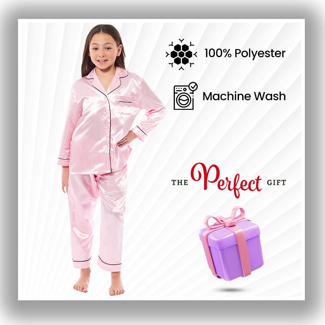 OLIVIA ROCCO Girls Satin Silk Long Sleeve Pyjama Set Black Pink Grey 5-14 Button Down