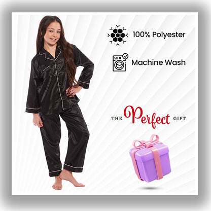 OLIVIA ROCCO Girls Satin Silk Long Sleeve Pyjama Set Black Pink Grey 5-14 Button Down