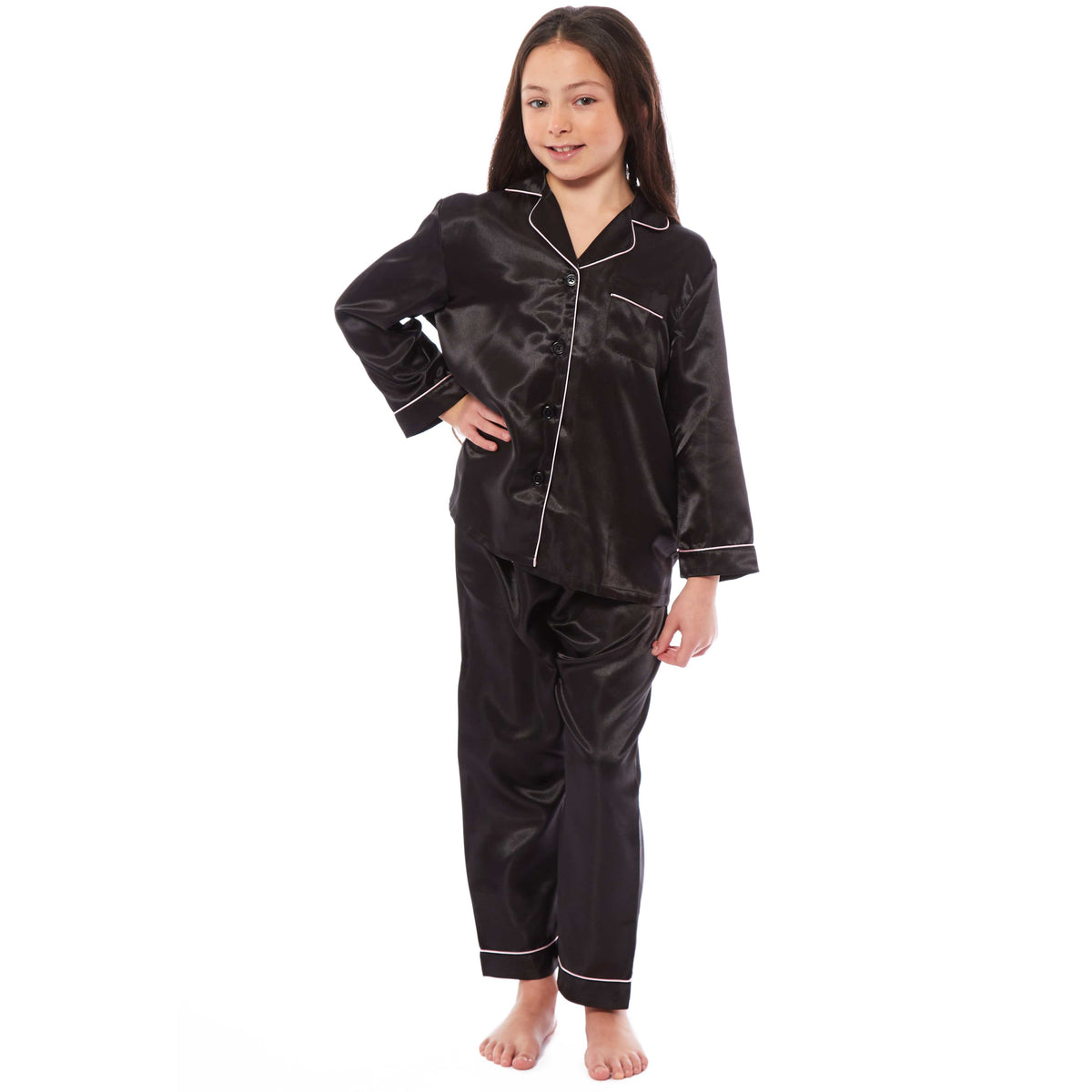 OLIVIA ROCCO Girls Satin Silk Long Sleeve Pyjama Set Black Pink Grey 5-14 Button Down