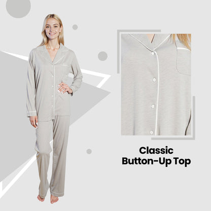 OLIVIA ROCCO Womens Grey Pyjama Set Soft Touch Long Sleeve Button Up Top Super Soft Cosy Home Loungewear
