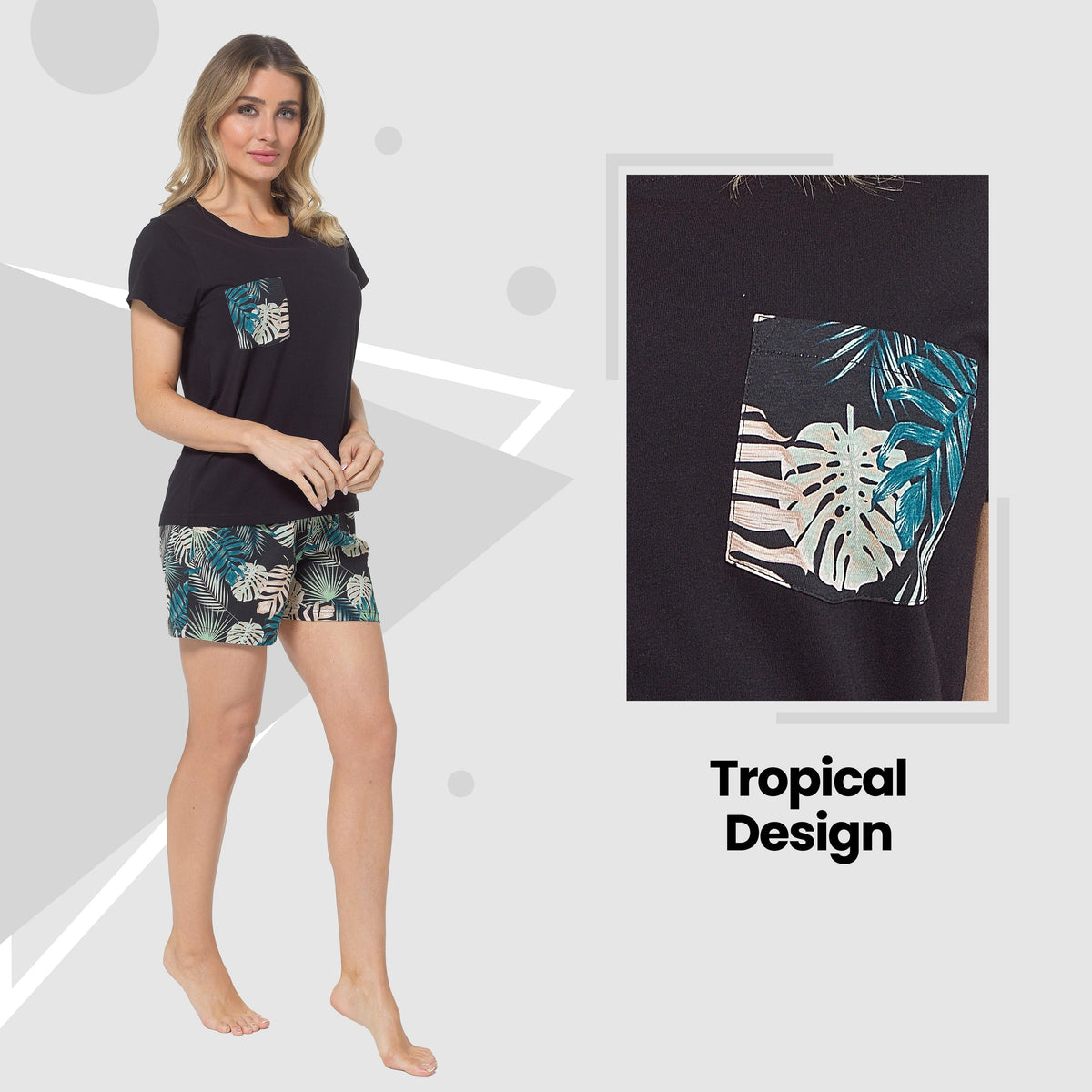 OLIVIA ROCCO Women's Tropical Pyjama Set T Shirt And Shorts PJs Soft Breathable Cotton Cosy Easy-Care Nightwear Set
