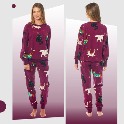 OLIVIA ROCCO Womens Cat And Dog Print Fleece Pyjama Set Long Sleeve Animal Print