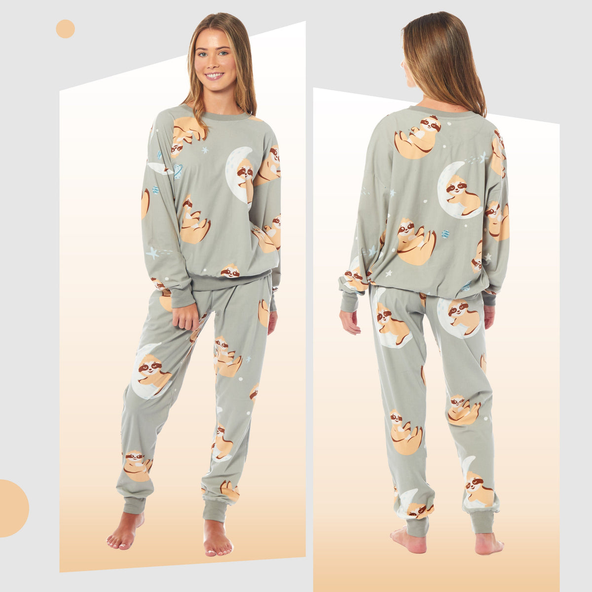 OLIVIA ROCCO Women's Sloth Soft Fleece Pyjama Set Long Sleeve Animal Print Warm Sleepwear