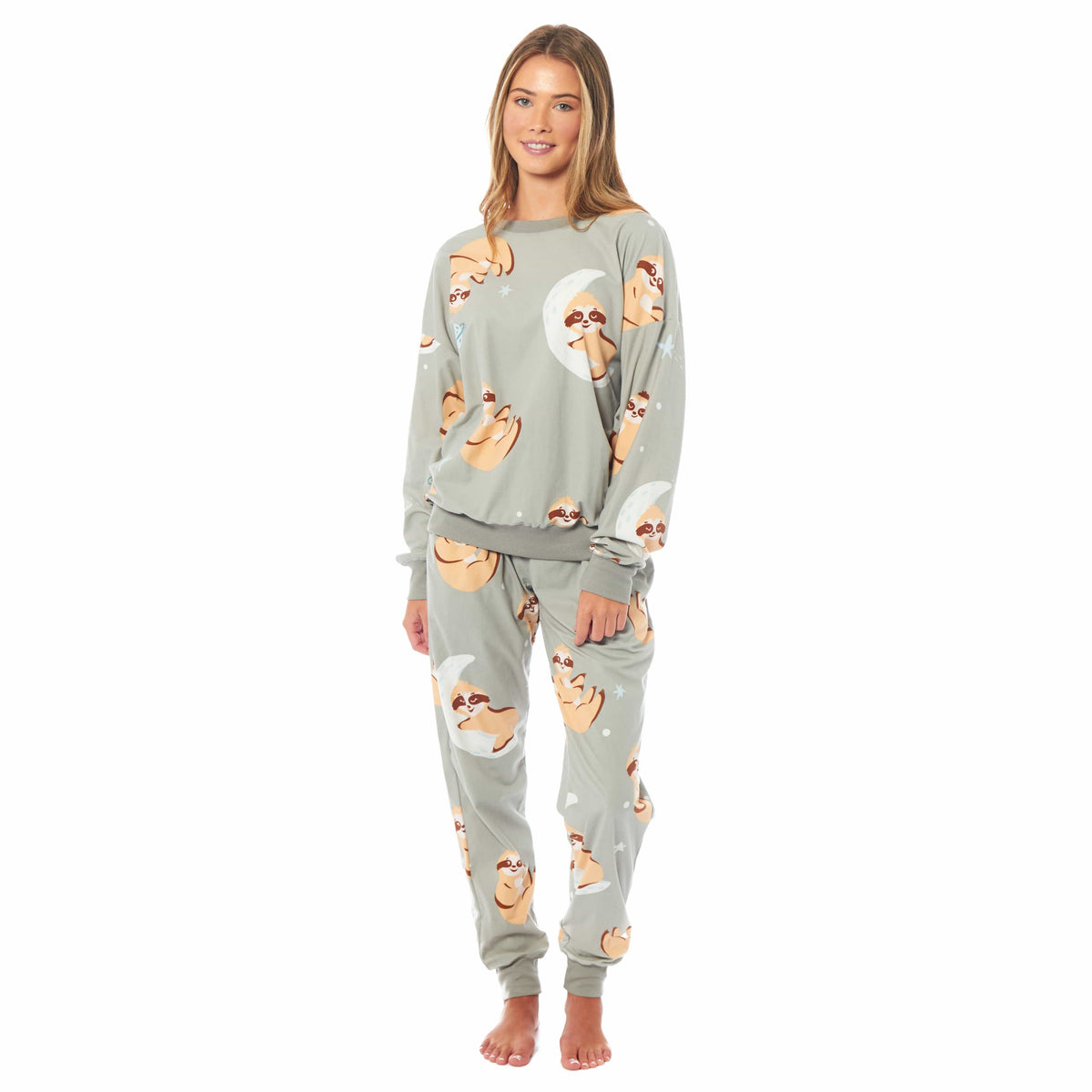 OLIVIA ROCCO Women's Sloth Soft Fleece Pyjama Set Long Sleeve Animal Print Warm Sleepwear