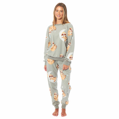 OLIVIA ROCCO Women's Sloth Soft Fleece Pyjama Set Long Sleeve Animal Print Warm Sleepwear