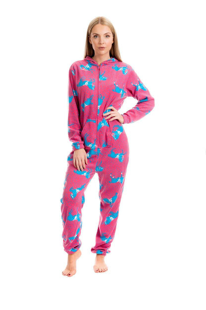 OLIVIA ROCCO Women's Pink Fleece Hooded All In One Onezee Pyjama Set With Horse Print