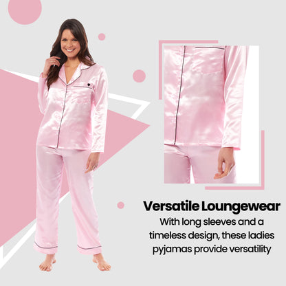 OLIVIA ROCCO Satin Silk Pyjama Set For Women With Dress Shirt Collar And Loose Fitting