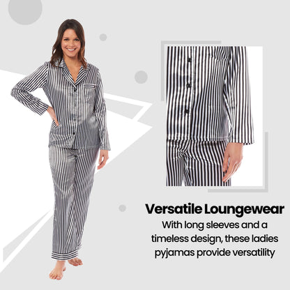 OLIVIA ROCCO Satin Silk Pyjama Set For Women With Dress Shirt Collar And Loose Fitting