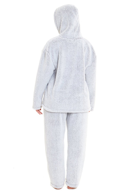 OLIVIA ROCCO Soft Grey Plush Fleece Zipped Hooded Pyjama Set With Zipped Front Super Soft Cosy Home Loungewear