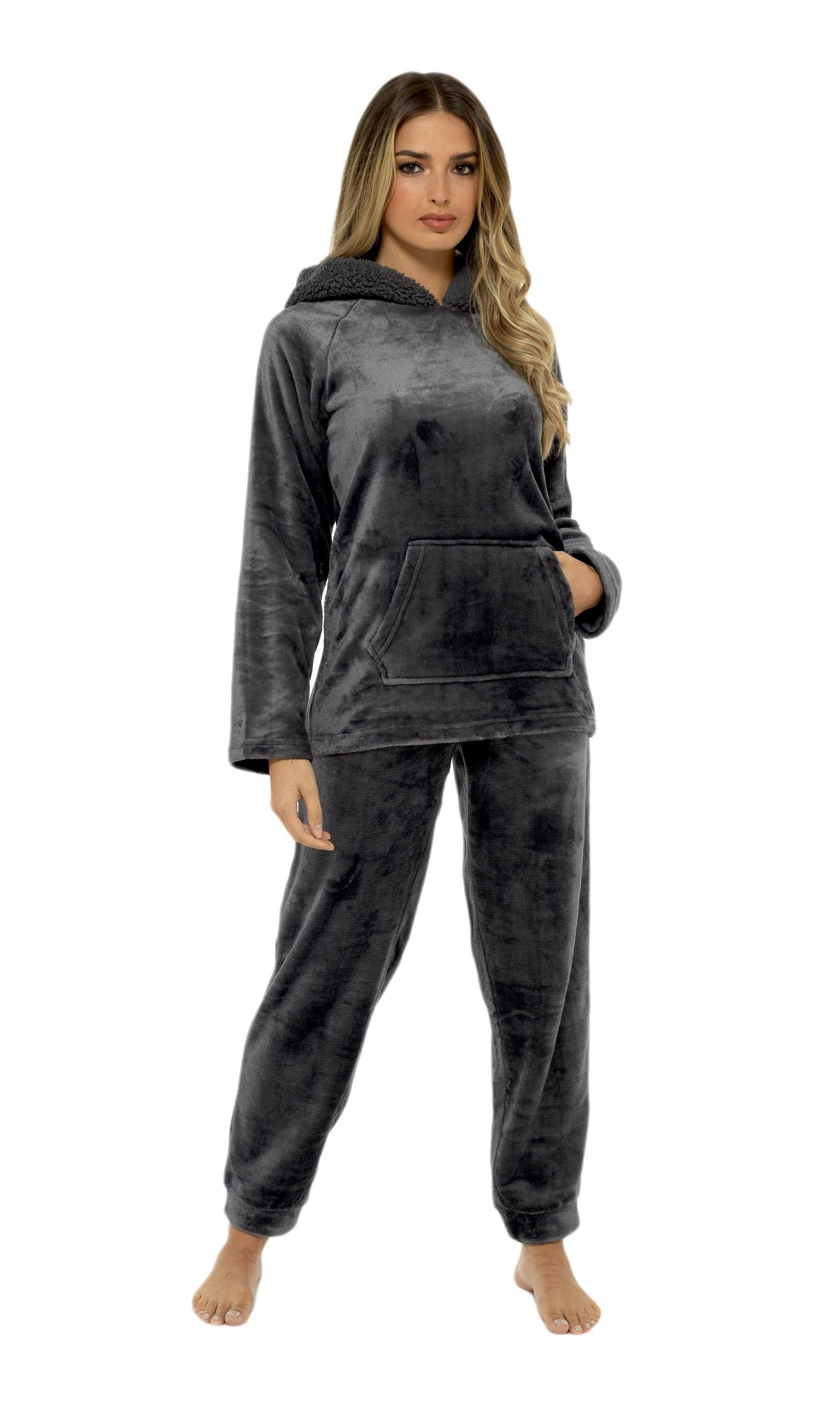 OLIVIA ROCCO Women's Charcoal Plush Fleece Hooded Pyjama Set With Sherpa Lining Super Soft Cosy Home Loungewear