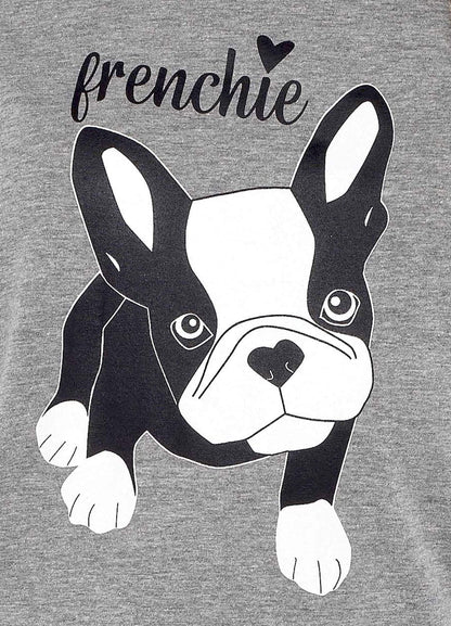 OLIVIA ROCCO Women's Grey Cotton Pyjama Set With Polka Dot Pants And Frenchie Pugs Print
