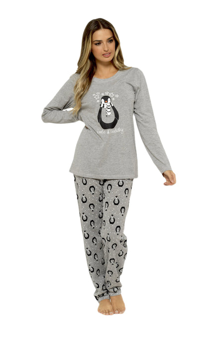 OLIVIA ROCCO Women's Penguin Stars Grey Cotton Pyjama Set Easy-Care Super Soft Sleep Set