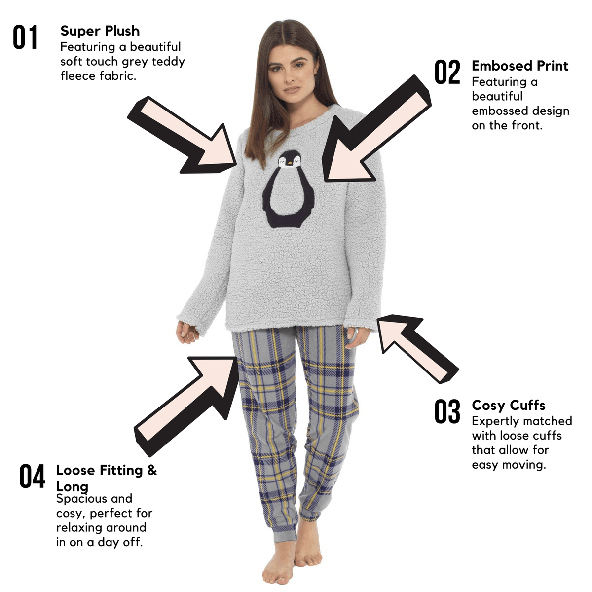 OLIVIA ROCCO Women's Teddy Fleece Pyjama Set Penguin Design Soft Cosy Nightwear Super Soft Cosy Home Loungewear
