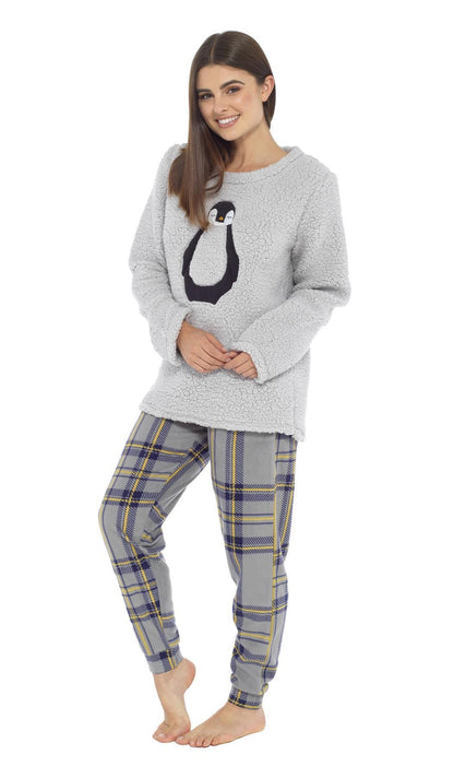 OLIVIA ROCCO Women's Teddy Fleece Pyjama Set Penguin Design Soft Cosy Nightwear Super Soft Cosy Home Loungewear