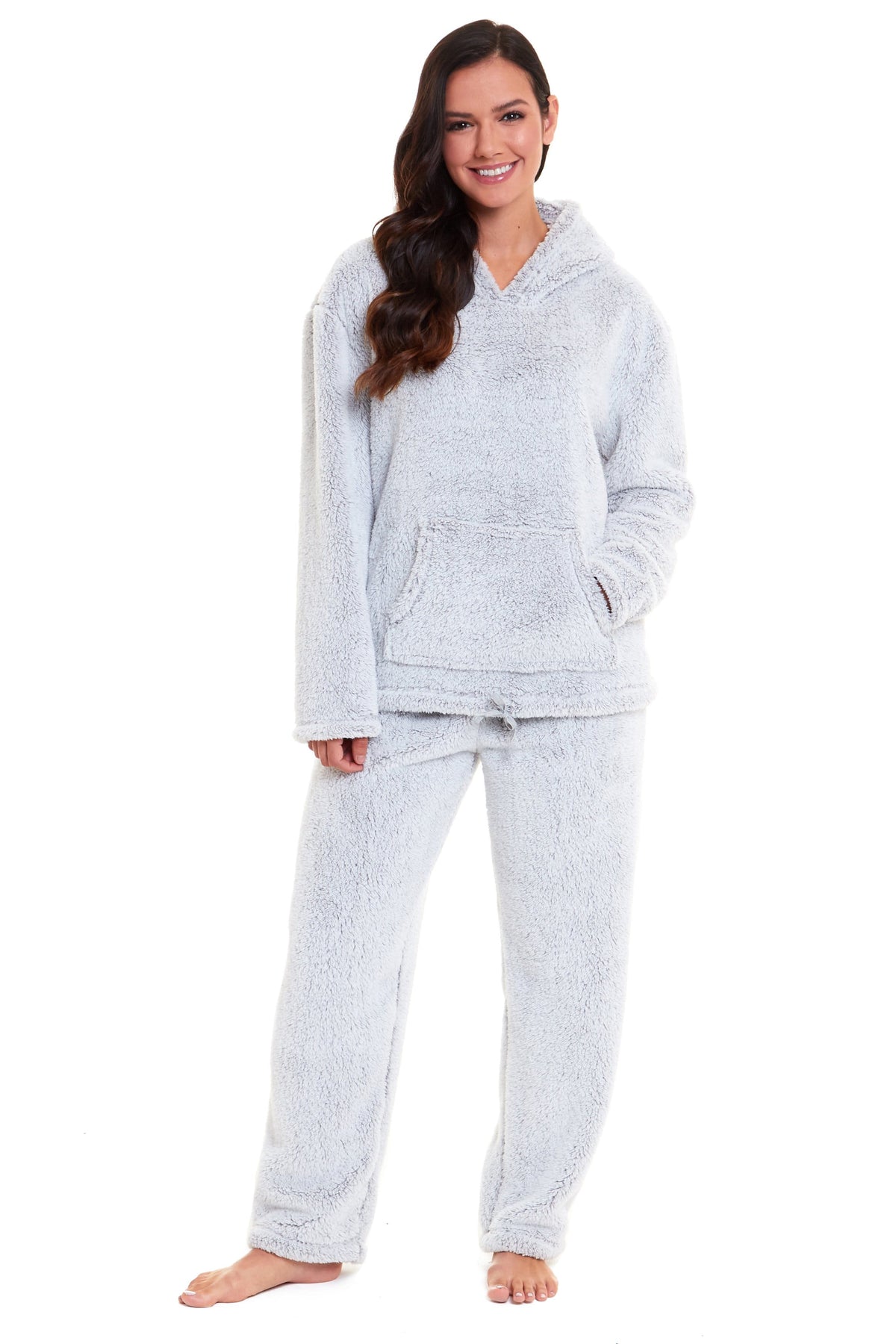 OLIVIA ROCCO Womens Plush Fleece Hooded Pyjama Set Grey Soft Teddy Fabric UK Size 8-22