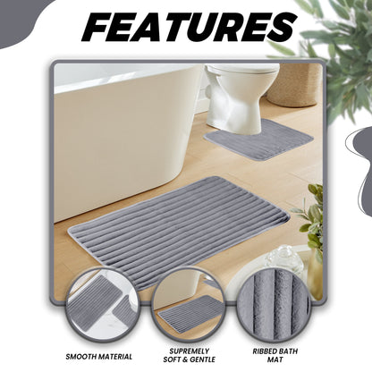 OLIVIA ROCCO 2 Piece Ribbed Bath Mat Set Charcoal Extra Soft Non Slip Super Absorbent