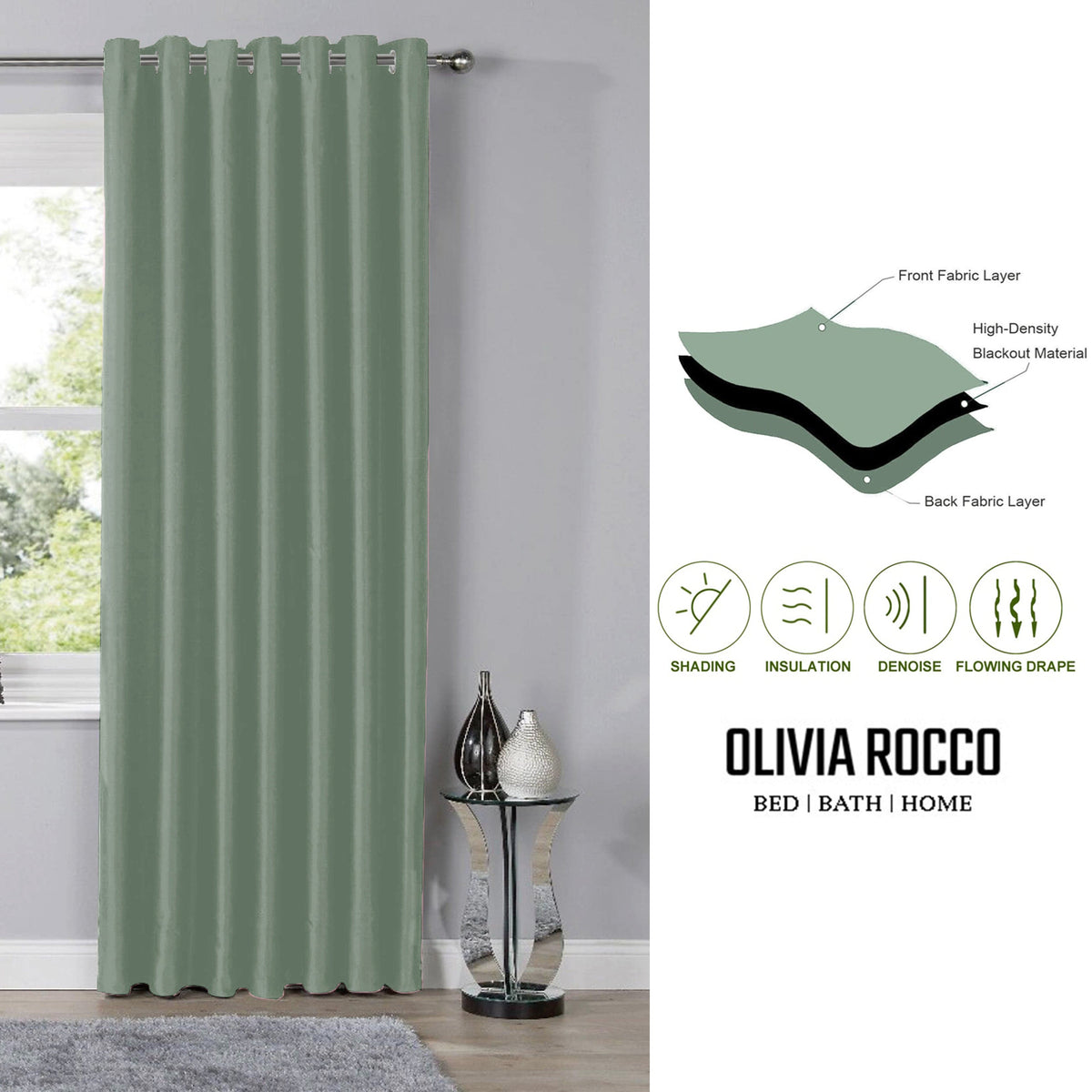 OLIVIA ROCCO Blackout Sage Green Eyelet Curtains Thermal Ring Top Window Treatments