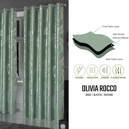 OLIVIA ROCCO Leaf Sage Green Sparkle Blackout Curtains With Thermal Insulation Eyelet