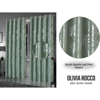 OLIVIA ROCCO Leaf Sage Green Sparkle Blackout Curtains With Thermal Insulation Eyelet