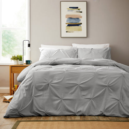 OLIVIA ROCCO Pintuck Grey Microfibre Duvet Cover Set With Pillowcases Soft Breathable