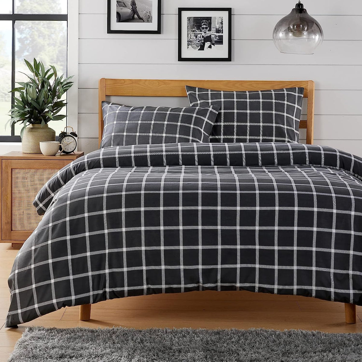 OLIVIA ROCCO Grey Check Reversible Duvet Cover Set Breathable Microfibre Easy Care