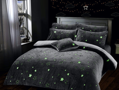 OLIVIA ROCCO Magical Stars Glow In The Dark Teddy Fleece Kids Duvet Set Ultra Soft