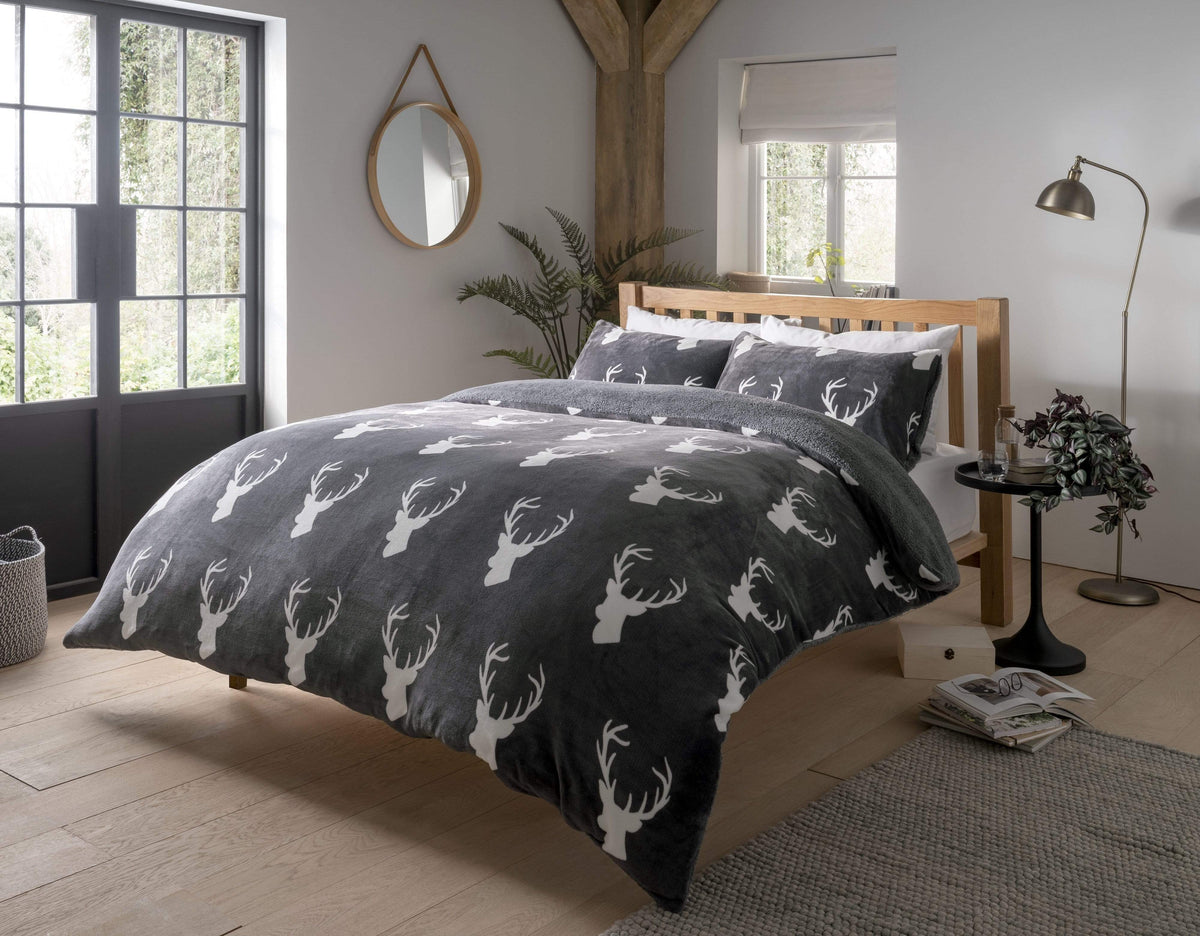 OLIVIA ROCCO Stag Teddy Reversible Duvet Set Charcoal Grey Faux Fur Ultra Soft OEKO-TEX