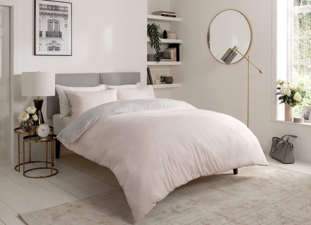 OLIVIA ROCCO Chambray Reversible Duvet Set Cotton Rich Bedding In Grey And Pink Sizes