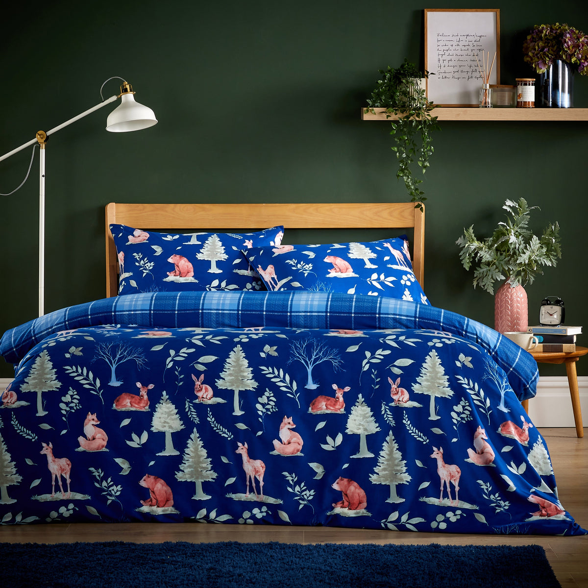 OLIVIA ROCCO Woodland Navy Super Soft Flannel Duvet Cover Set With Pillowcases Easy Care
