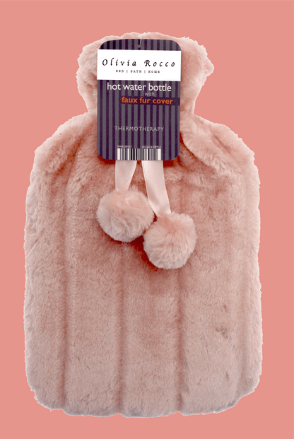 OLIVIA ROCCO Hot Water Bottle 2L With Faux Fur Pom Pom Cover Soft Plush Natural Rubber UK