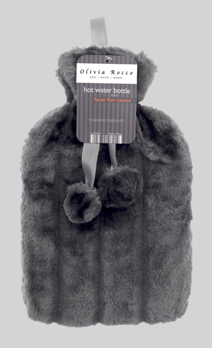 OLIVIA ROCCO Hot Water Bottle 2L With Faux Fur Pom Pom Cover Soft Plush Natural Rubber UK