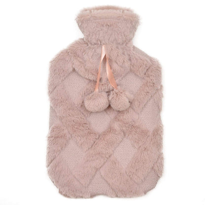 OLIVIA ROCCO Diamond Fleece Plush Hot Water Bottle 2L With Pom Poms Natural Rubber UK