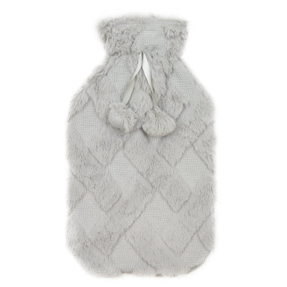 OLIVIA ROCCO Diamond Fleece Plush Hot Water Bottle 2L With Pom Poms Natural Rubber UK