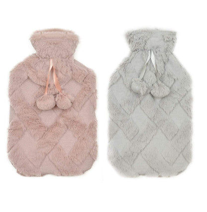OLIVIA ROCCO Diamond Fleece Plush Hot Water Bottle 2L With Pom Poms Natural Rubber UK