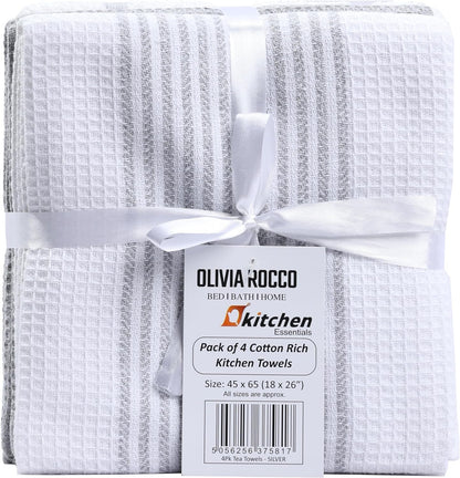 OLIVIA ROCCO Pack Of 4 Green Cotton Tea Towels 65x45 Cm High Absorbency Durable Super Soft Easy-Care Home Essential