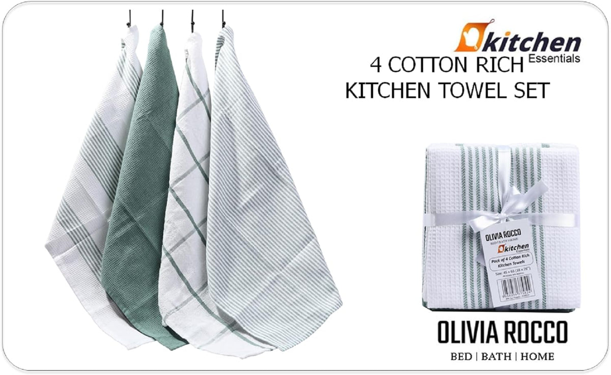 OLIVIA ROCCO Pack Of 4 Green Cotton Tea Towels 65x45 Cm High Absorbency Durable Super Soft Easy-Care Home Essential