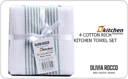 OLIVIA ROCCO Pack Of 4 Green Cotton Tea Towels 65x45 Cm High Absorbency Durable Super Soft Easy-Care Home Essential