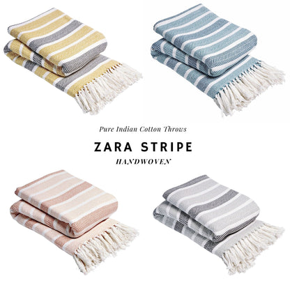 OLIVIA ROCCO Zara Striped Handwoven Pure Cotton Throw Blanket With Tassels Eco Friendly