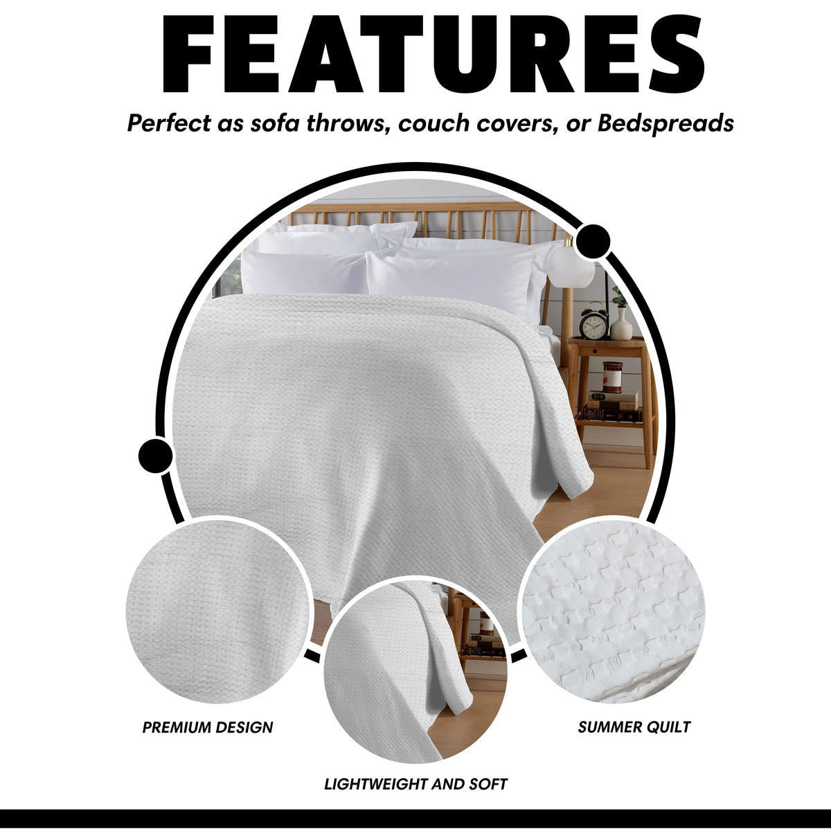 OLIVIA ROCCO Florian Checked Throw Blanket White 100% Cotton Bedspread For Sofa And Bed